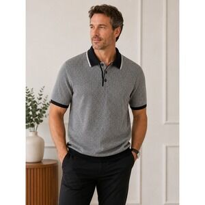 Le Collezioni Structure Mens XL Knit Polo Shirt Black White Herringbone Cotton